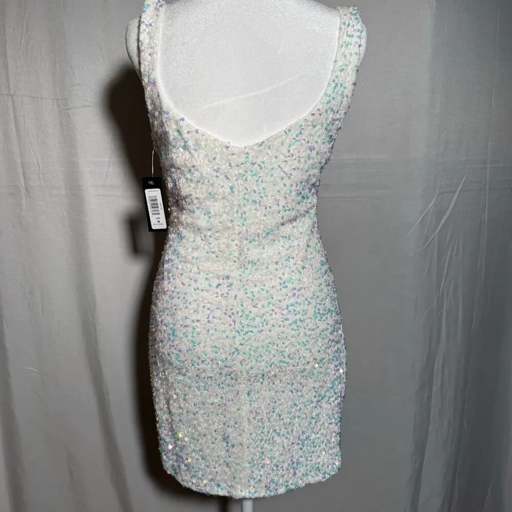 NWT Jump Apparel White Sequin Mini Dress Medium Iridescent Party Prom Dance